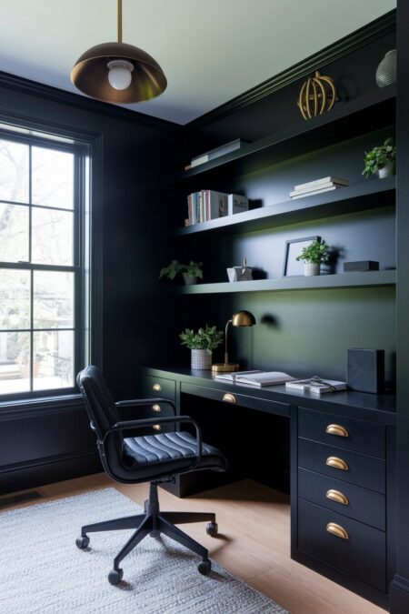 dark black home office with brass hardware and lighting