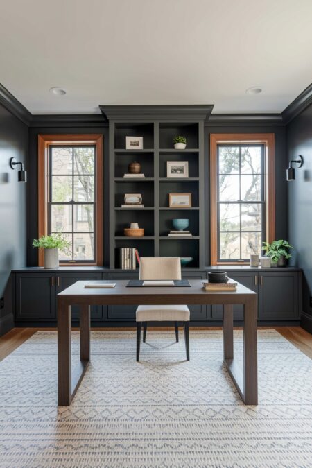 dark gray home office with a walnut desk and a built-in bookshelf flanked by wood trimmed windows