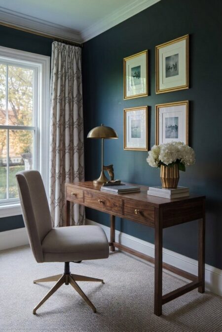 dark gray romantic home office with a wooden desk, brass drawer pulls, gold picture frames, and an antique-style desk lamp