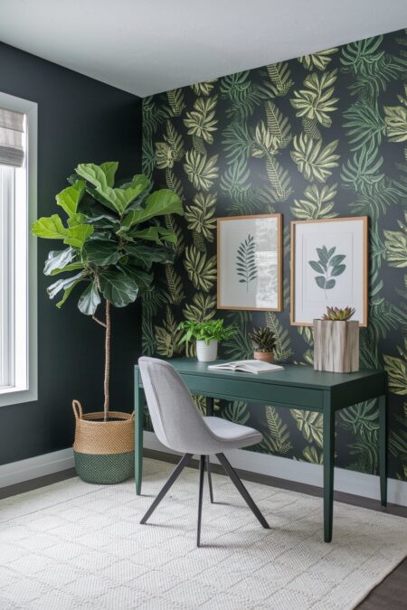 dark green home office with a botanical wallpaper