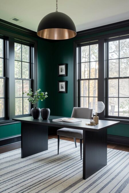 dark green home office with black window frames, a black desk, and a black pendant light