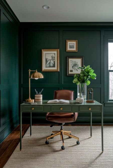 dark green home office with brass hardware, desk lamp, and picture frames, a leather desk chair