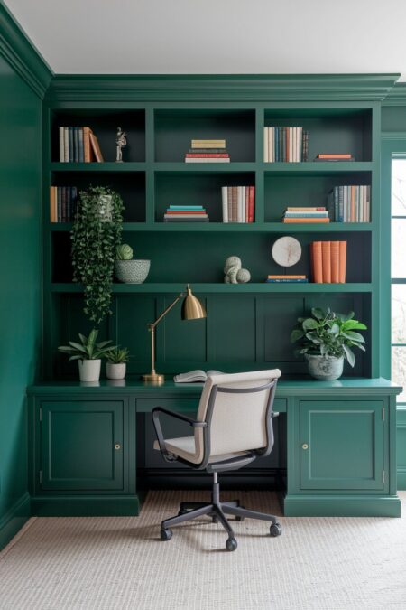 dark green home office with built-in bookshelves and a desk, a brass desk lamp