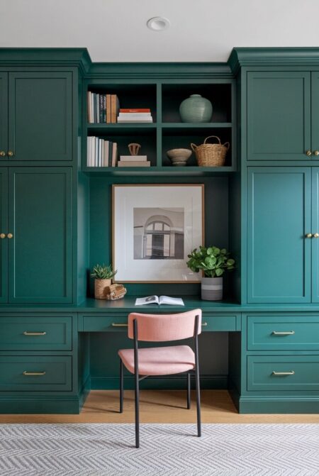 dark green home office with built-in cabinets for closed storage, brass hardware, and a light pink chair