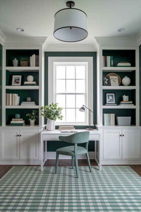 dark green home office with white bookshelves and a desk, a checkered rug