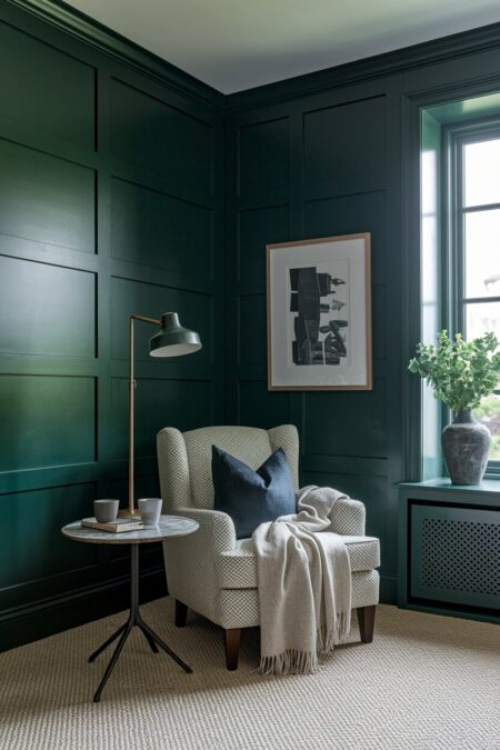 dark green reading nook with board and batten on the walls, comfortable armchair, and a small side table