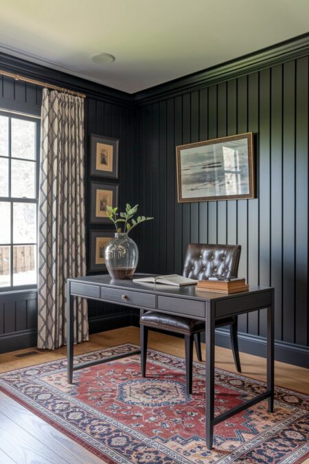 dark home office with vertical wall paneling, vintage leather chair, and an old area rug