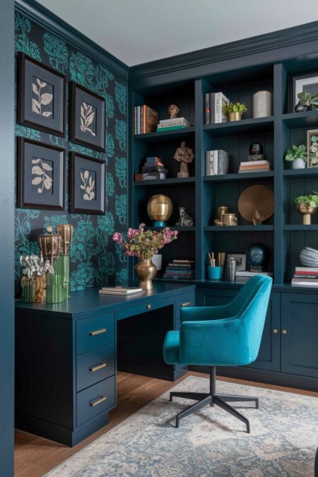 dark maximalist home office with deep jewel tones and a dark botanical wallpaper