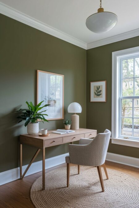 dark sage green home office with an oak desk and a gray upholstered chair