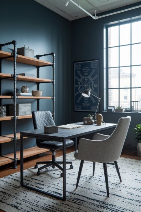 dark slate blue-gray industrial home office with pipe shelving, black elements, and concrete ceiling