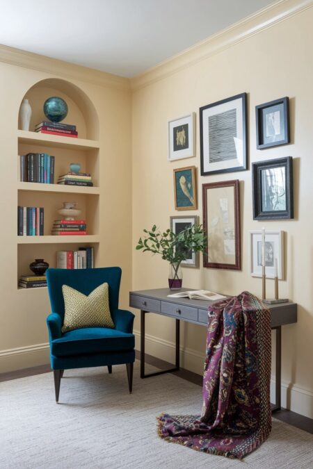 deep cream home office with a jewel tone accent chair and gallery wall