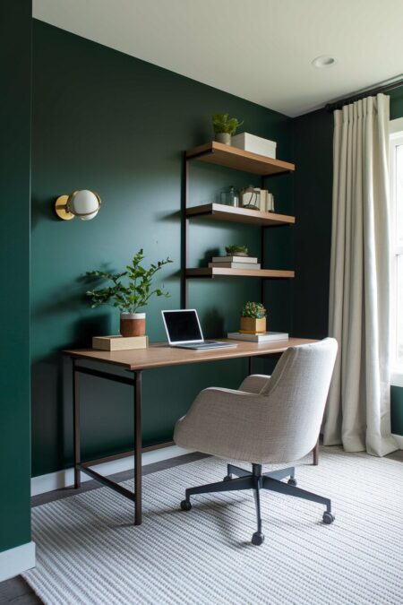 deep forest green home office with wood furniture, a brass wall sconce, and cream linen curtains
