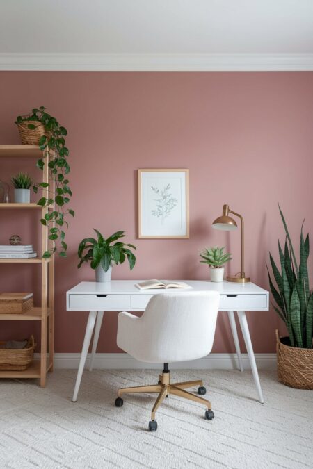 dusty blush pink pastel home office with a white desk and a simple wooden bookshelf