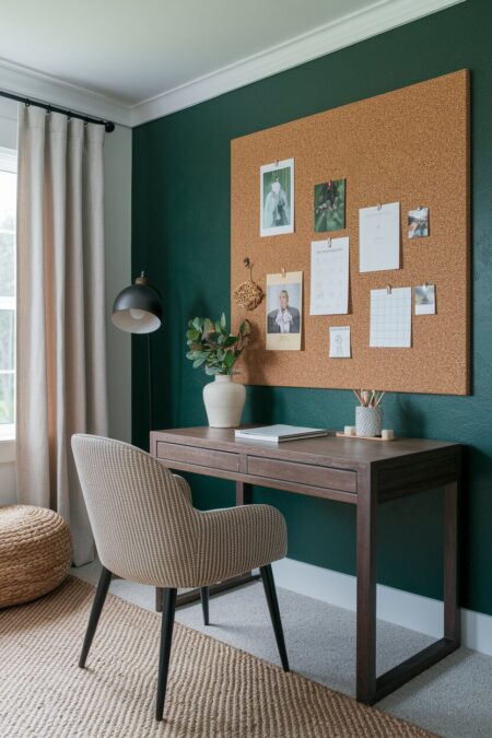 earthy home office has a dark green accent wall with a cork wall board