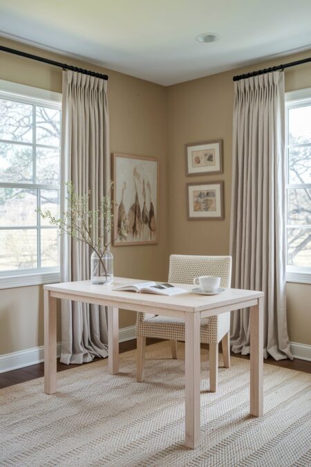 earthy home office in sandy tones with a bleached oak desk