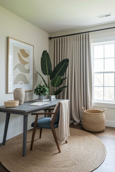 earthy home office with a jute rug, linen curtains, woven basket, gray desk, and a walnut chair