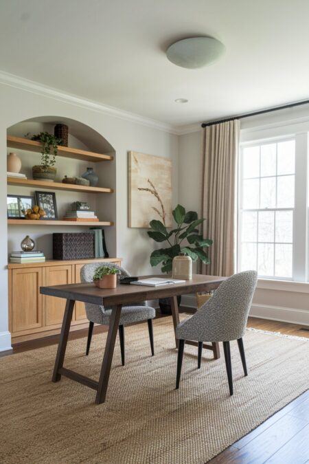 earthy home office with a jute rug, walnut desk, alcove storage, and gray chairs