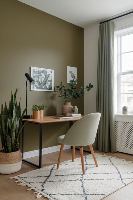 earthy home office with a sage green accent wall and black accents