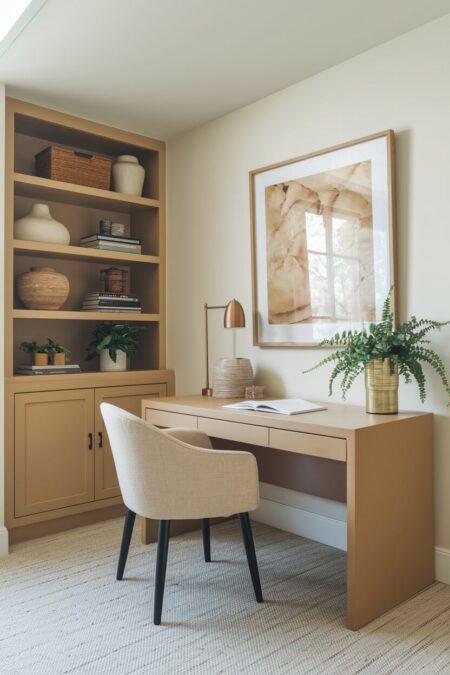 earthy home office with a sand tone desk and shelving
