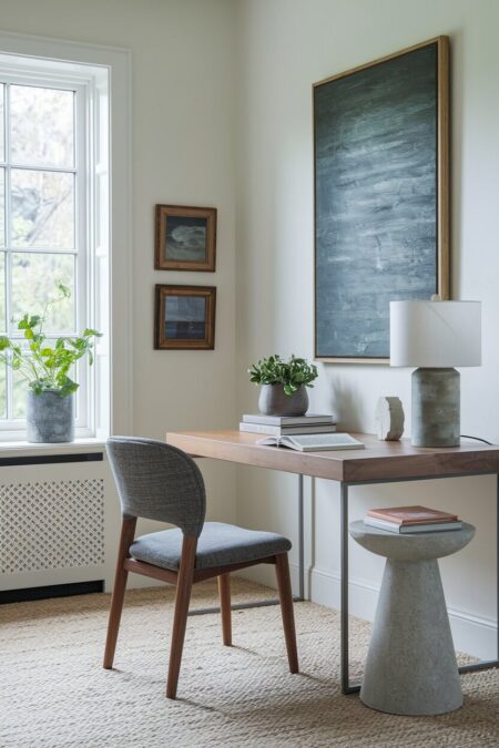 earthy home office with a small stone side table, a concrete lamp base, and a gray chair