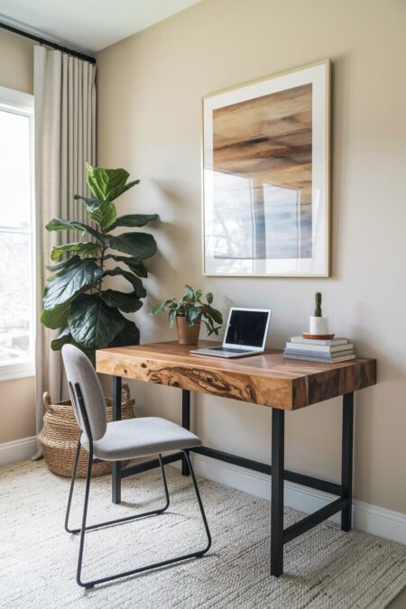earthy home office with a solid wood desk and beige walls