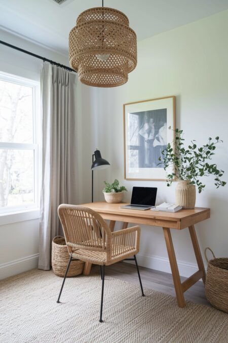 earthy home office with a woven rattan chair and pendant light, a wicker storage basket, and a wooden desk