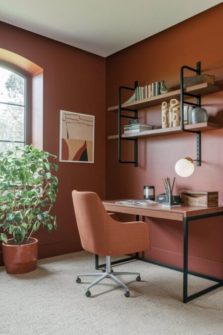 earthy home office with clay-colored walls and black furniture frames