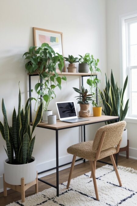 earthy home office with houseplants on the shelf and floor
