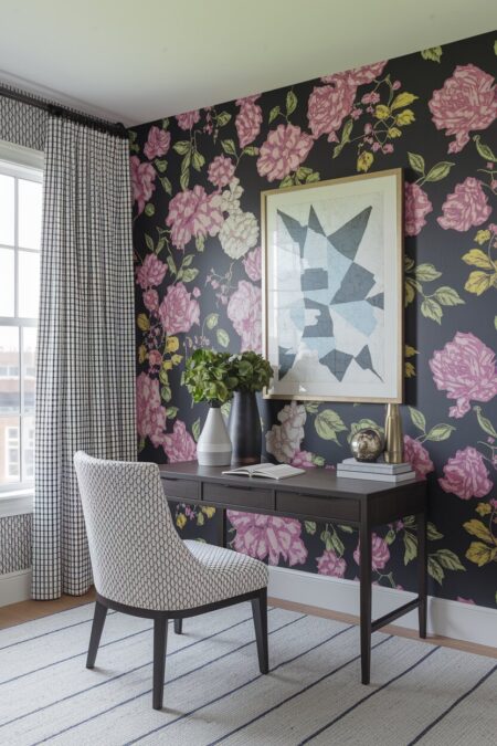 eclectic home office has a black wallpaper with floral pattern, striped area rug, black and white chair and curtains