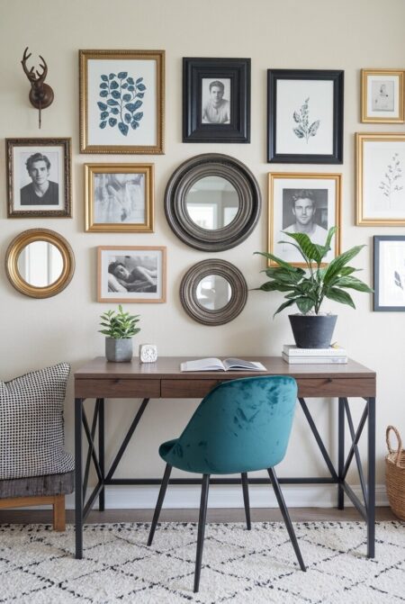 eclectic home office with a gallery wall above the desk