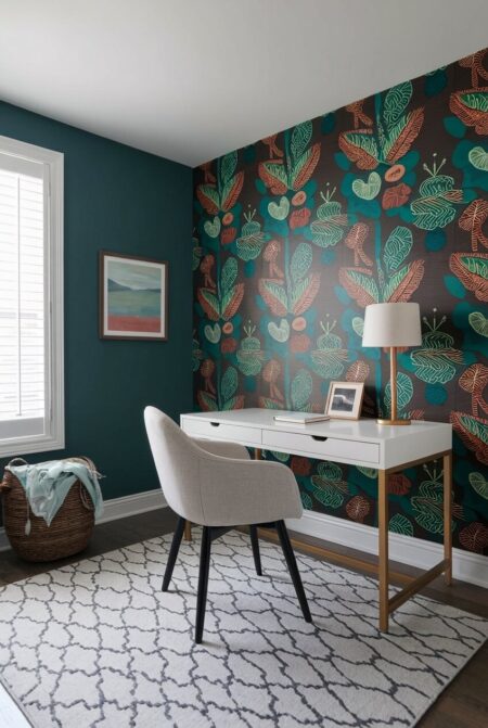 eclectic home office with a white desk, a teal-painted wall, and a wall with dark wallpaper