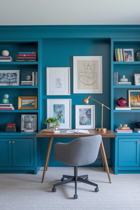 eclectic home office with blue built-in shelving, child's drawings, and personal touches