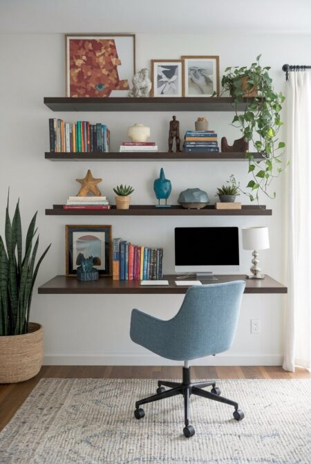eclectic home office with dark floating shelves and desk, a collection of books and small sculptures