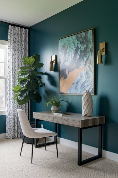 eclectic home office with dark teal walls, an abstract artwork, and brass wall sconces