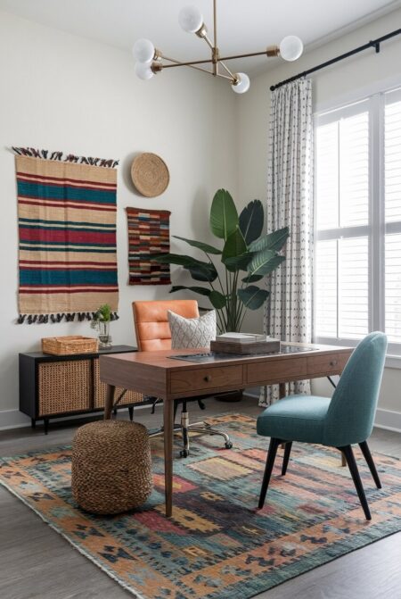 eclectic home office with global textiles in various patterns as decor