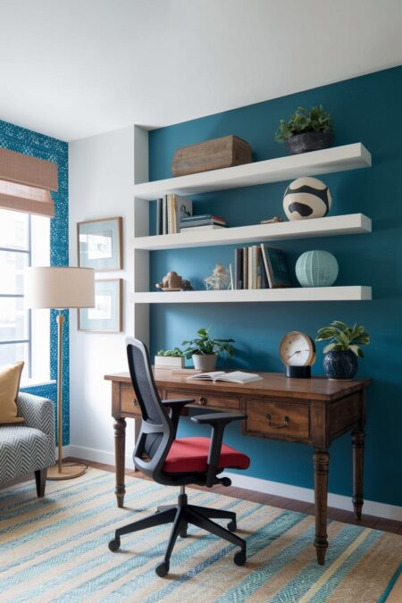 eclectic home office with white floating shelves, a wooden vintage desk, and an ergonomic office chair