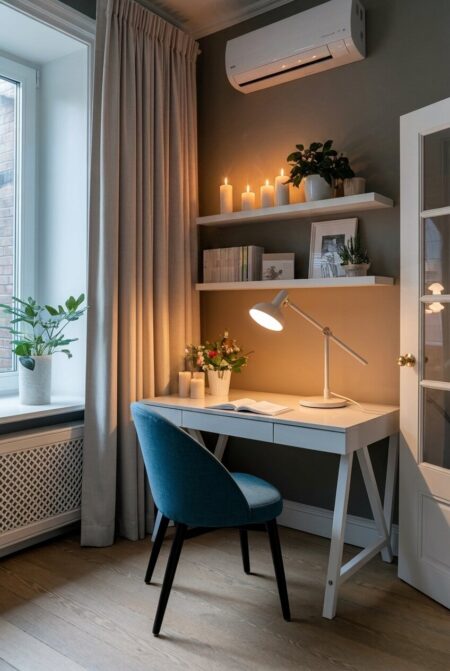 evening romantic home office with candles on the shelf and a white desk