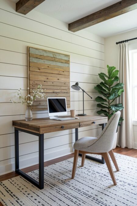 farmhouse home office has a reclaimed wood desk with black metal base and a white shiplap wall
