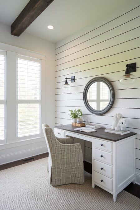 farmhouse home office with a white shiplap accent wall, glass wall sconces, and a round mirror