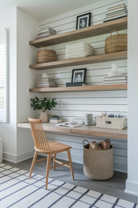 farmhouse home office with a white shiplap wall, lightly stained wooden floating shelves and desk