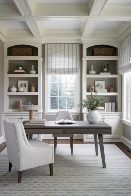 farmhouse home office with taupe walls, white built-in shelving, and a dark desk