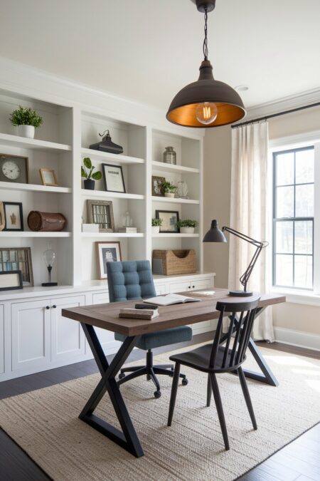 farmhouse home office with white built-in shelving and a vintage bronze pendant light