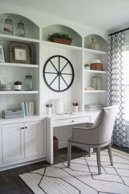 farmhouse home office with white built-ins, old mason jars, and personal touches