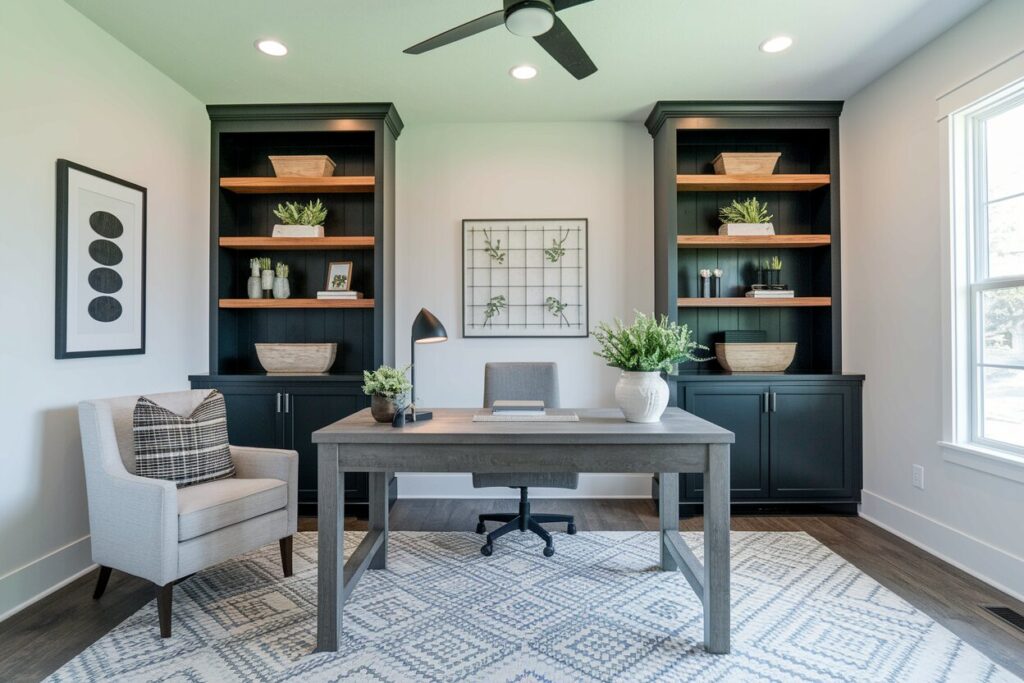 10 Farmhouse Home Office Ideas for Organized Workdays farmhouse home office with white walls, black shelving units, and a gray desk