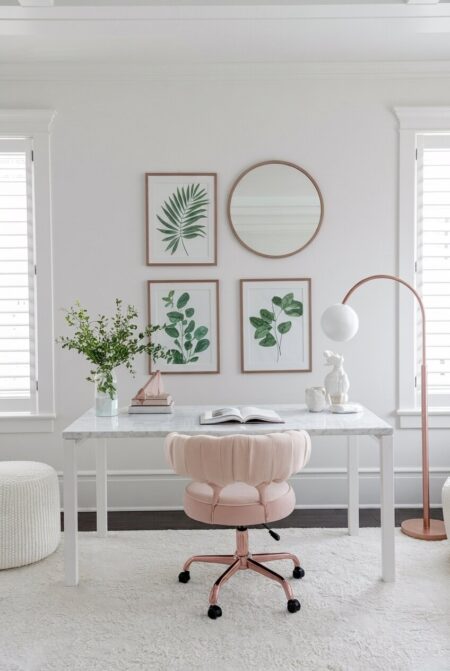 feminine white home office with a scalloped desk chair, a round mirror, and an arched floor lamp