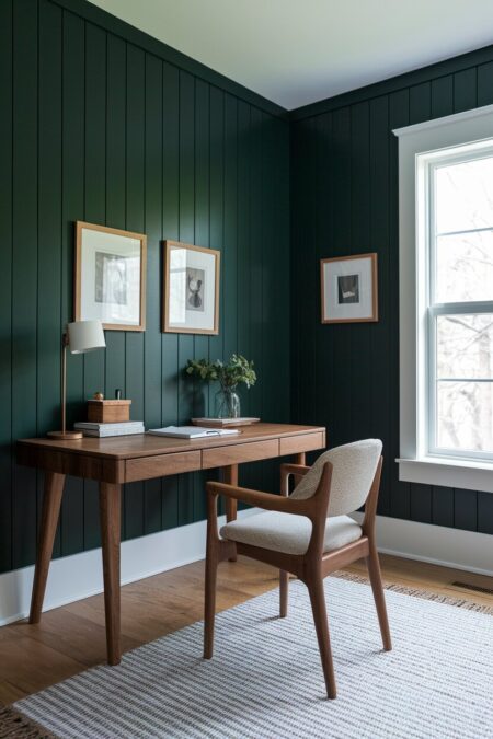 forest green home office with walnut furniture