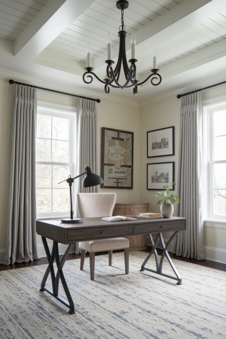 French country home office with a black scrolled iron chandelier