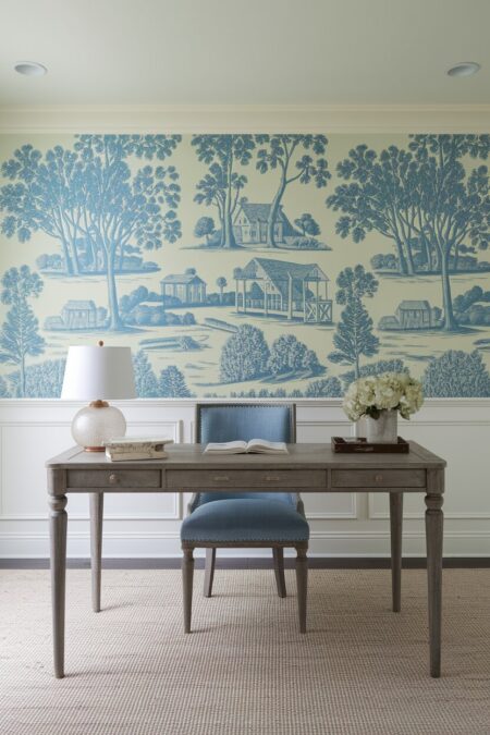 French country home office with a blue Toile de Jouy wallpaper and white wainscoting