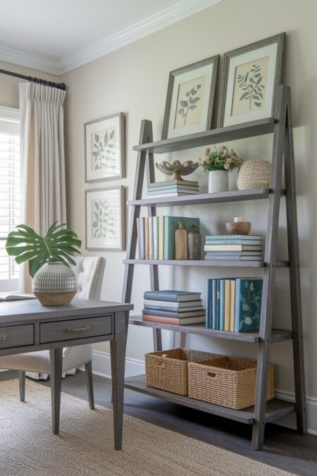 French country home office with a distressed wood ladder bookshelf