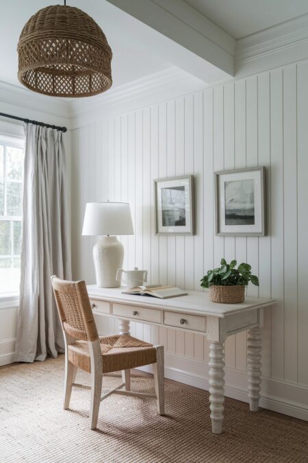 French country home office with a whitewashed wood desk, vertical shiplap, and a woven chair